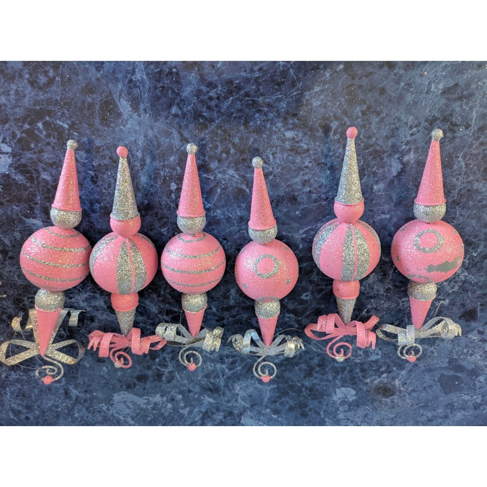 Pink Silver Glitter Candyland Christmas Ornaments Set of 6 Bow Accents 6.5in